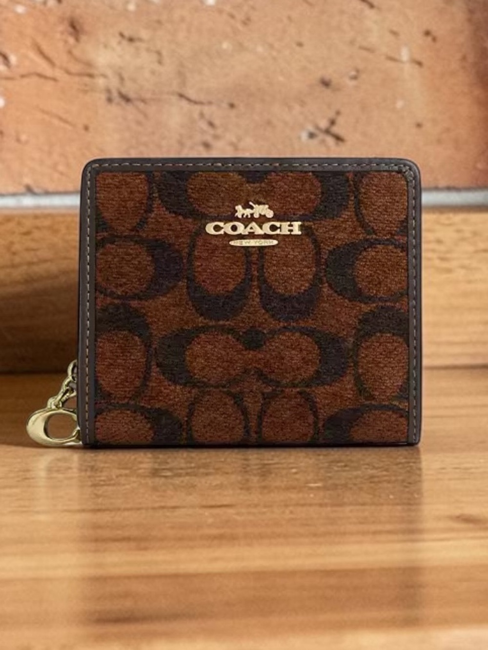Coach Signature Chenille Snap Wallet in Gold/Truffle NWT